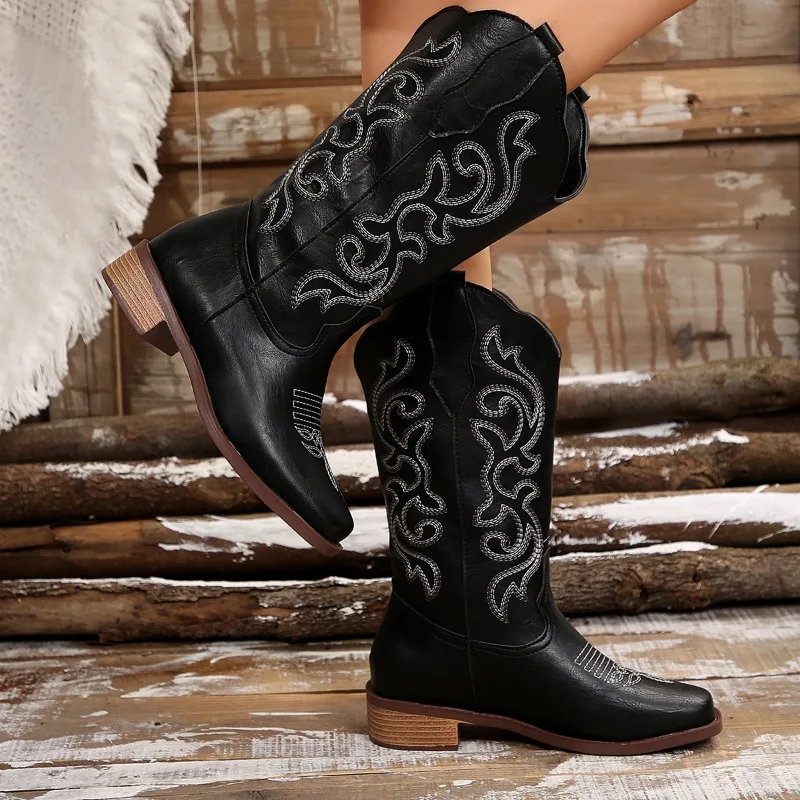 2024 Knight Cowboy Women Ankle Boots High Quality Embroidered Mid Calf Leather Boots Casual Designer Ladies Shoes Botines Mujer