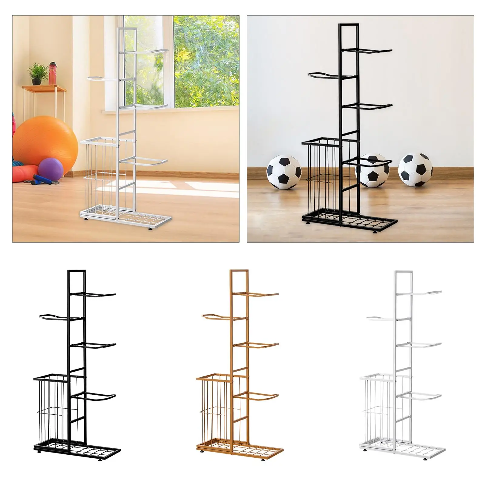 Ball Storage Holder Metal Multi Layers Sports Equipment Garage Organizer for Football, Baseball, Rackets, Sports Gear, Toys