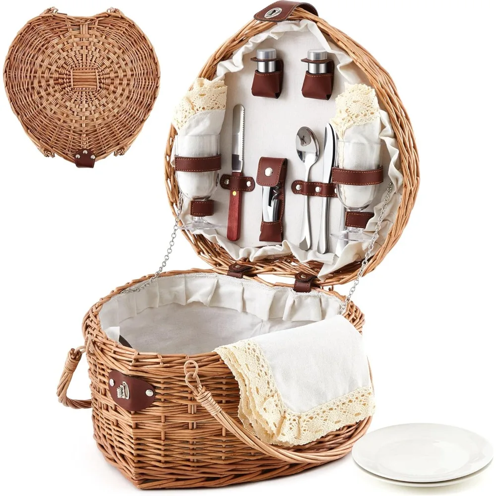 

Picnic Basket Set 2 Person Tableware Set Heart Wicker Picnic Basket Antique White