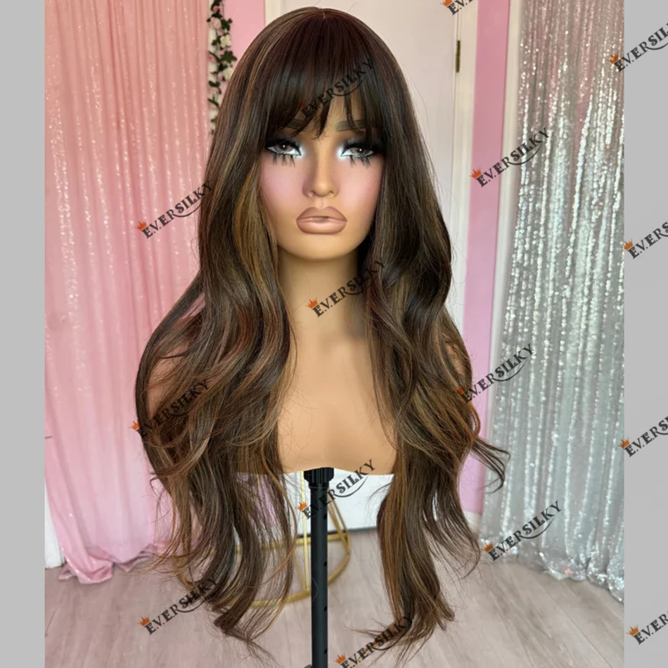 Fringe Highlight Human Hair 13X6 Lace Front Wig for Black Women Loose Wave Balayage 360Lace Frontal Wig with Bangs Remy Peruvian