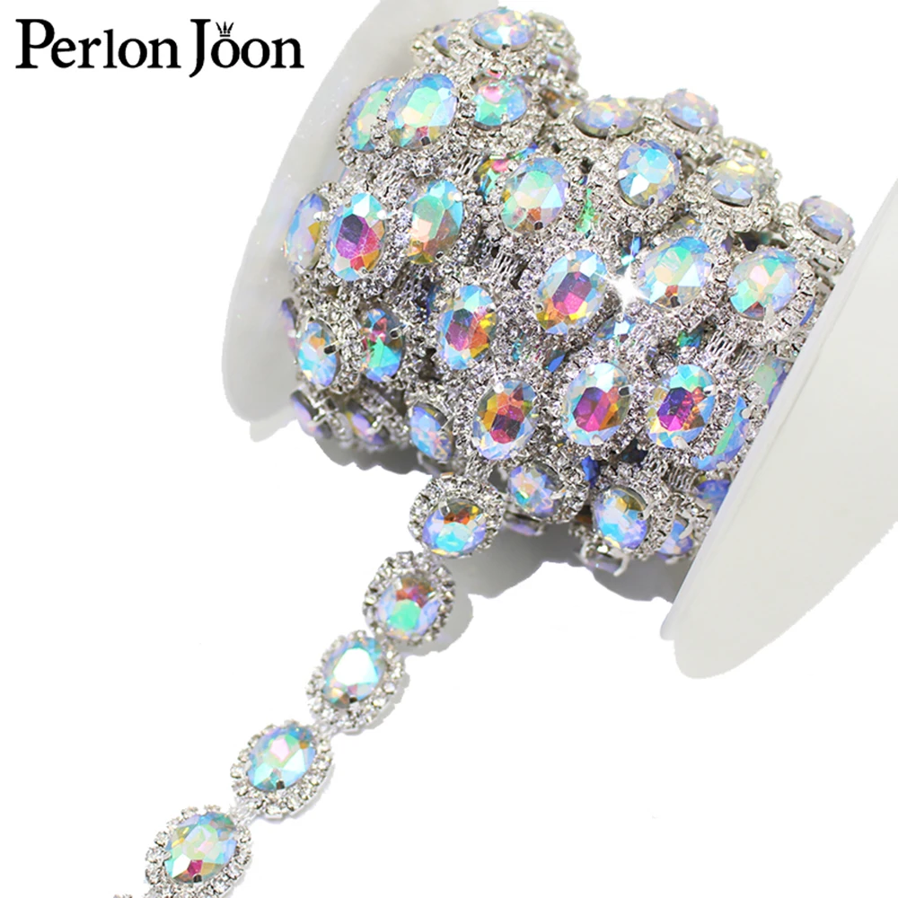 1 Yard Crystal Oval Rhinestone Trimmed Glass Silver Metallic Ribbon Women Clothing Shoes Hats Craft Decoration Accessories ML064