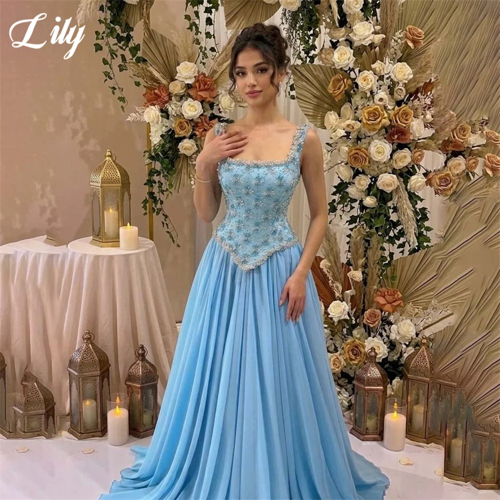 Lily Blue Evening Dress Wide Straps Crystal Bodice Party Dress Pleated Chiffon vestidos de fiesta A Line Prom Gowns Customized