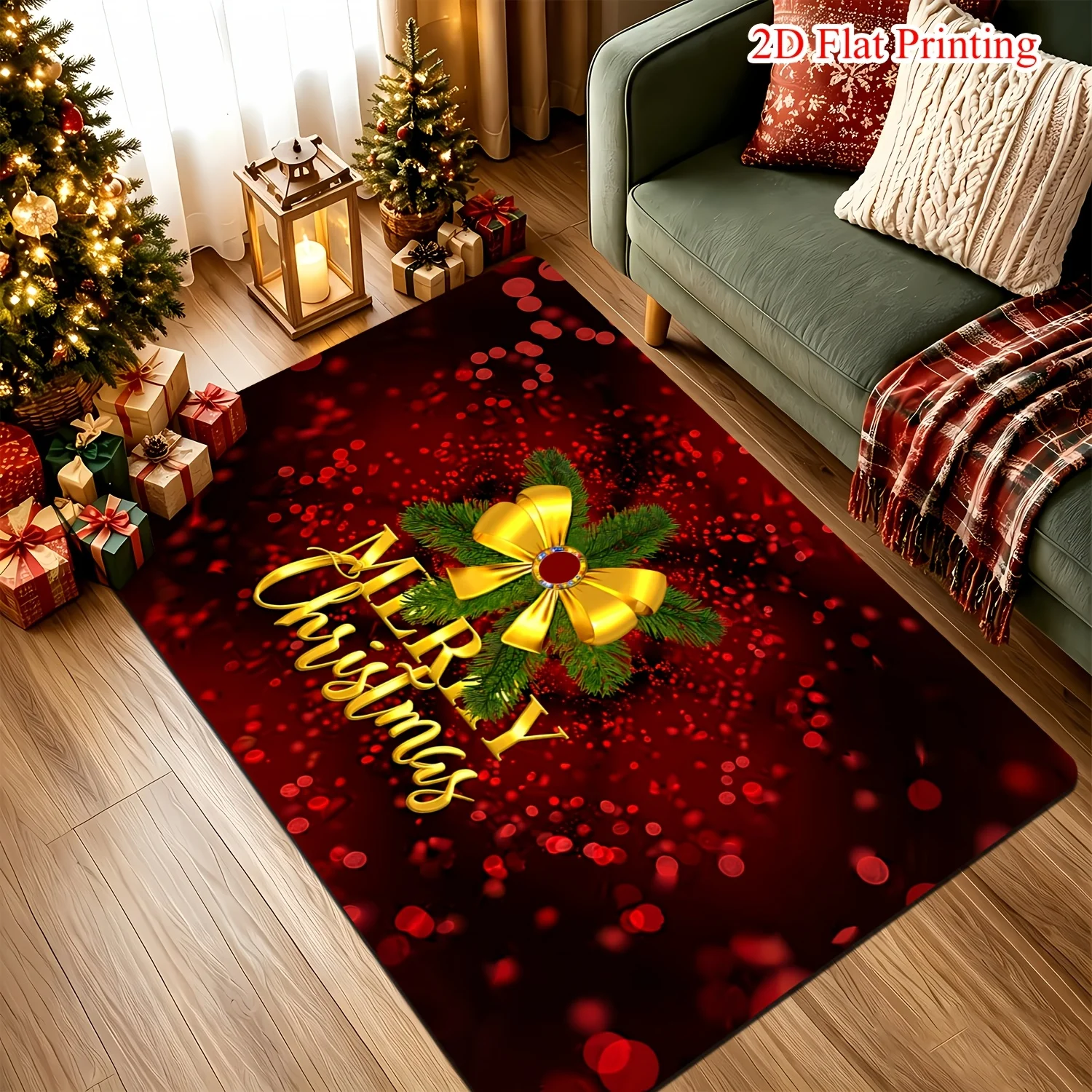 Glitter Gold Star Xmas Carpet Pine Needle Printed Large Bedside Rug Washable Play Mat Holiday Party Home Decor