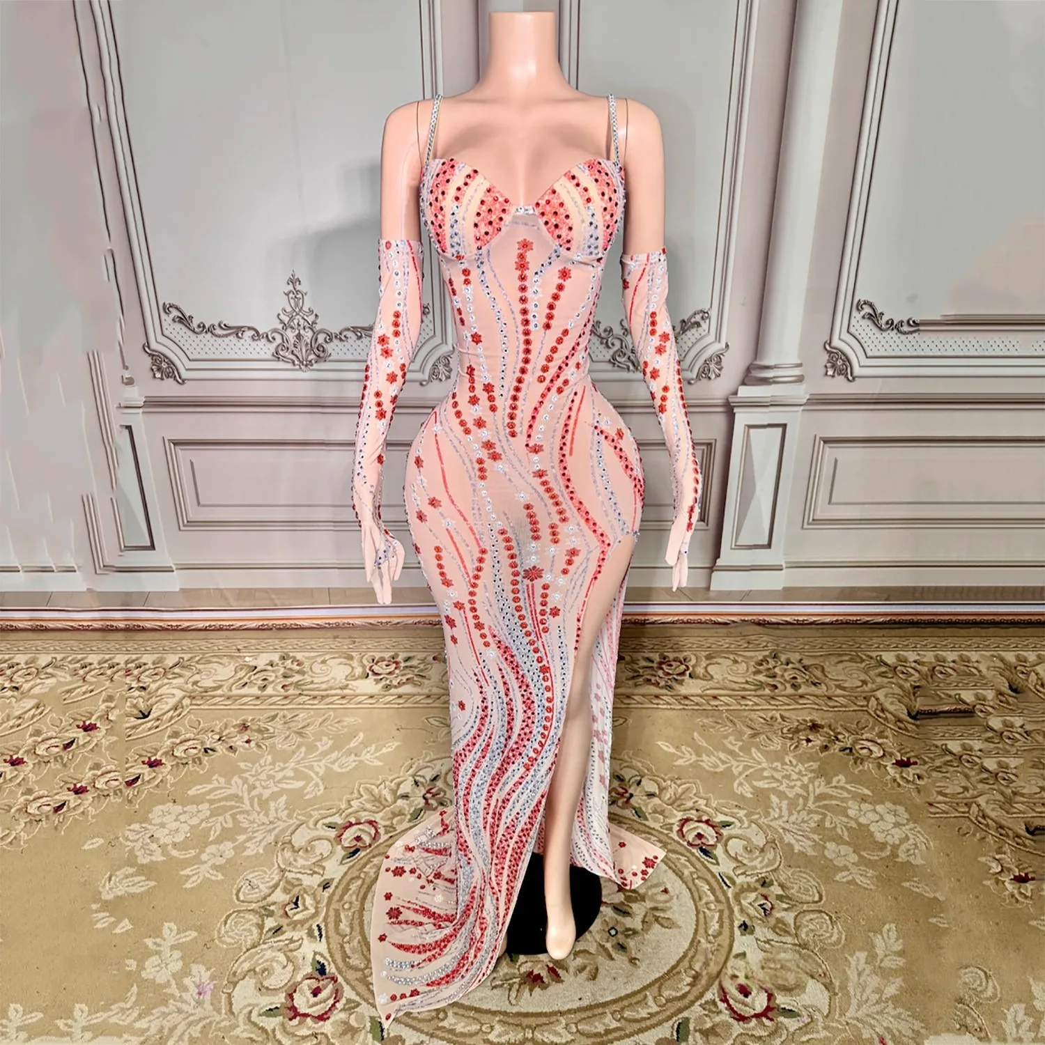 

Women luxury Evening Prom Gowns Printed Spaghetti Strap Diamonds Maxi Long Dress With Gloves Birthday Celebrity Party Dresses