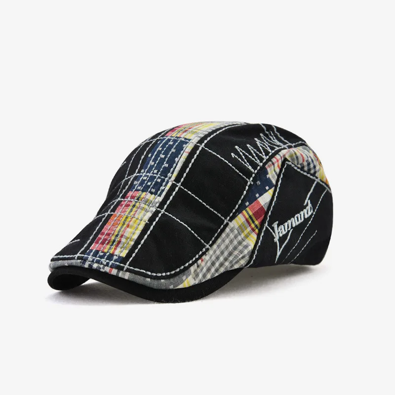 

European And American Leisure Cap Irregular Embroidery Beret Checked Cloth Stitching Casual Hat