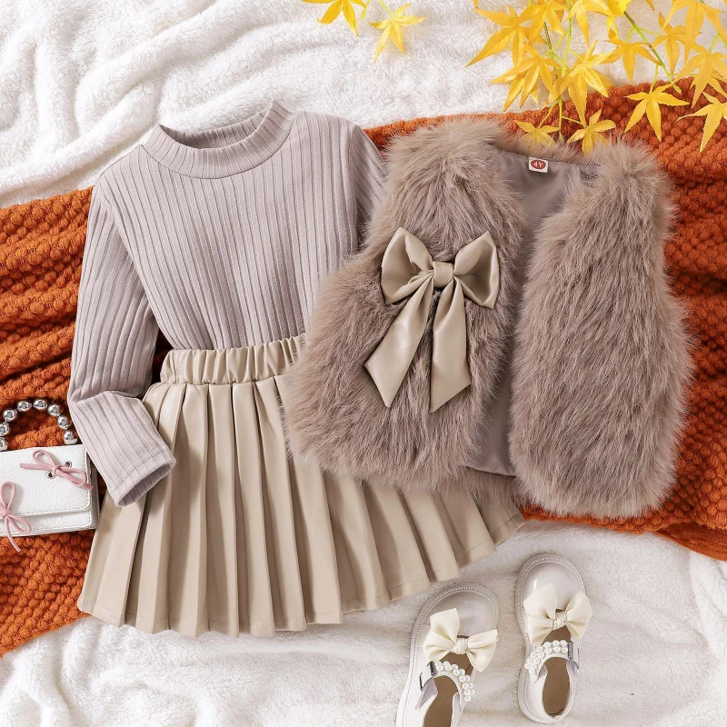 

Autumn Winter New Girls' Outfit Solid Color Fleece Sweater with Long Sleeve Top and Leather Skirt Three-Piece Set