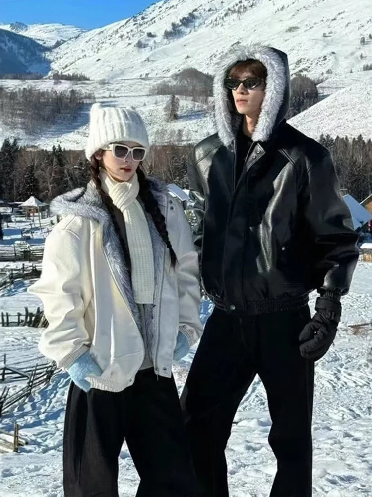 

Американское хлопковое пальто с меховым воротником для мужчин и женщин, зимнее теплое пальто с капюшоном, свободный крой, модный уличный стиль...