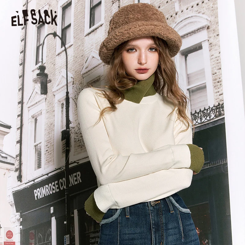 ELFSACK Korean Fashion Spliced Slim Turtleneck Undershirt Woman 2023 Winter Knitwears Tops