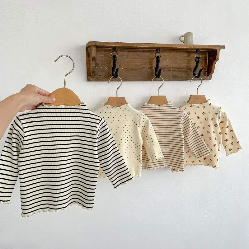 

Kids Long Sleeve Mock Neck Flower Tee Dot Undershirt Casual Outfit Striped Clothes Autumn Baby Girl T-shirt 0-3Years Newborn