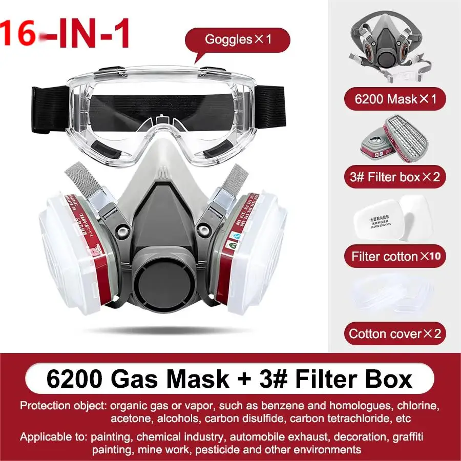 Gas Mask 6200 Respirator Half Face Head Worn for Painting Spray Smog Dust Proof Chemical Filters Particulates Cotton