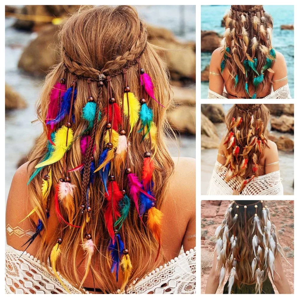 

Fashion Tassel Feather Headband Adjustable Bohemian Boho Style Headdress Ethnic Beaded Rainbow Indian Headband Masquerade