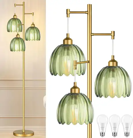 Gold Mid Century Modern Floor Lamp with Brass Tree, 3-Light Green Glass Shade for Living Room, Bedroom, Vintage Retro Style