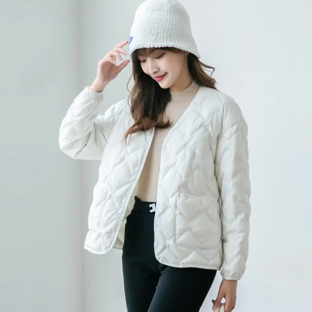 Diamond Check Women's Down Jacket 2024 Autumn Winter Vintage Puffer jacket Ultralight Thin White Duck Down Coat Female Outerwear