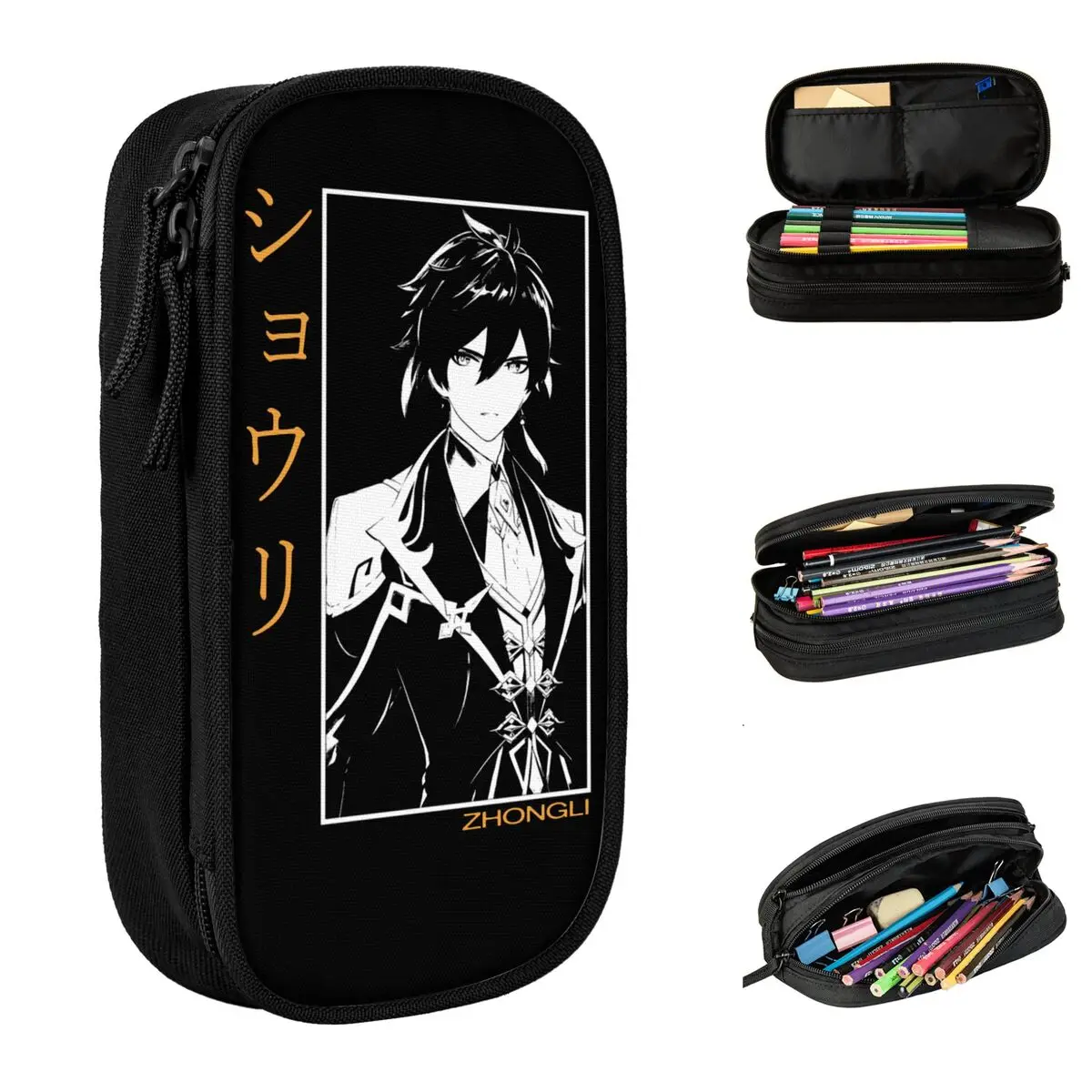 Zhongli Genshin Impact Anime Game Pencil Cases Pen Holder Bags Kids Large Storage Students School Zipper Pencilcases