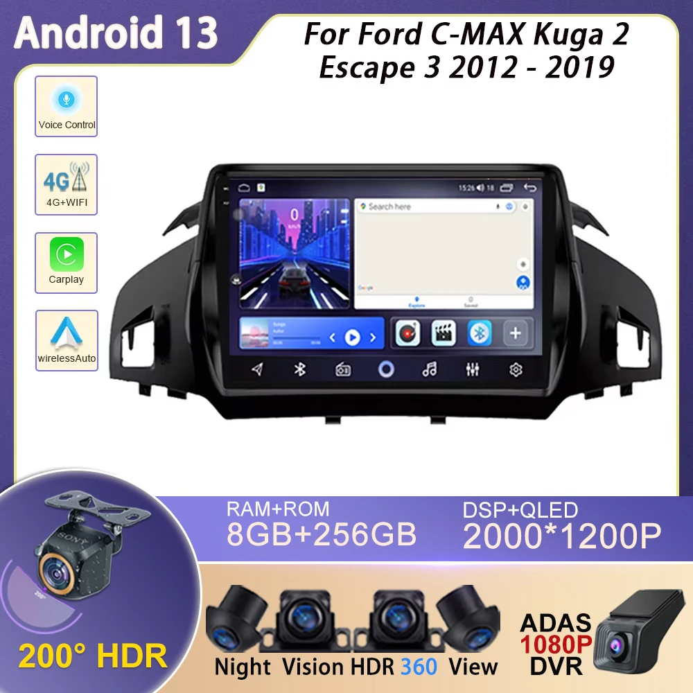 Android Car Radio For Ford C-MAX Kuga 2 Escape 3 2012 - 2019 Multimedia Player Navigation GPS Carplay Head Unit 4G No 2din DVD