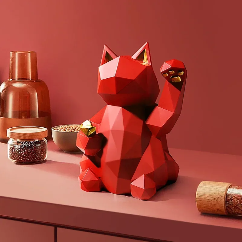 

New Creative Simple Geometric Sculpture Fortune Cat Statues Resin Art Crafts Living Room Home Decoration Figurines for Interior