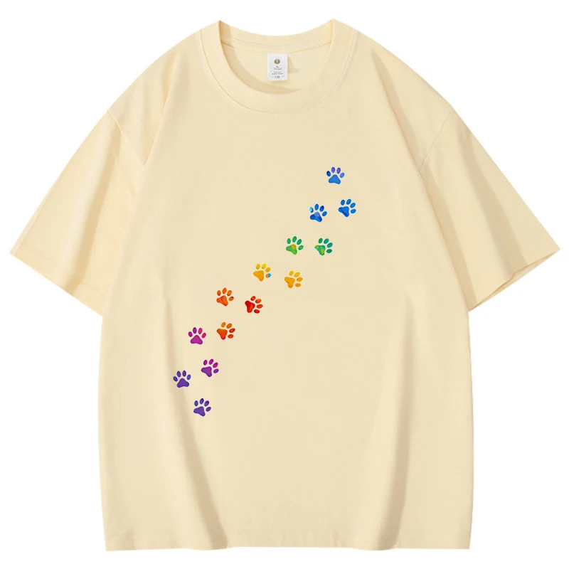 Colorful Puppy Footprints Printed Cotton T-shirts for Women Man Summer Tee Shirt Femme Casual Short Sleeve Round Neck Tops Shirt