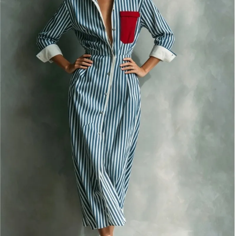 Autumn Striped Print Shirt Dress For Women Casual Turn Down Collar Color Blocking Pocket Long Dresses New Trendy Graceful Robe