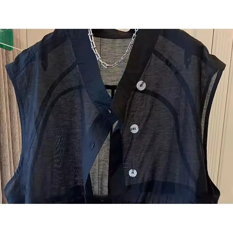 Gilet fin mi-long pour femme, couleur unie, décontracté, col en V, sans manches, coréen, ample, vêtements d'extérieur, été, 2025