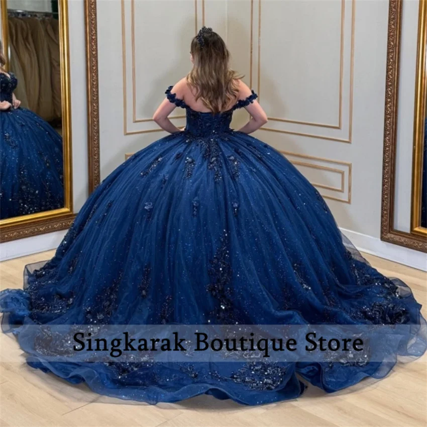 Azul marinho princesa fora do ombro doce 16 vestido quinceanera vestidos apliques rendas miçangas tull festa de aniversário vestidos personalizados