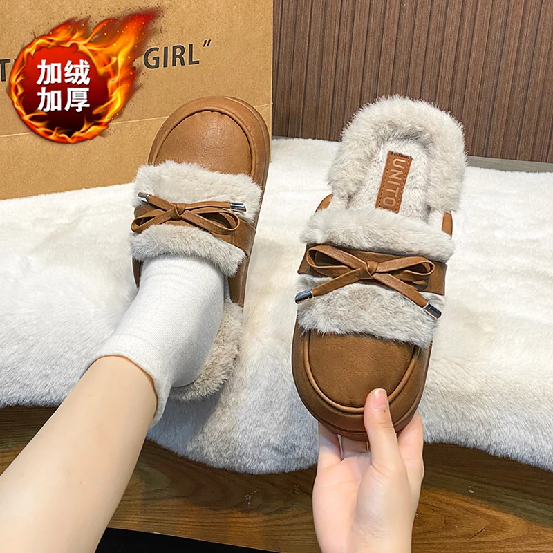 2024 Winter Warm Fur Slippers for Women House Non Slip Soft Shoes Comfort Flat Heel Home Indoor Bedroom Plush Slippers