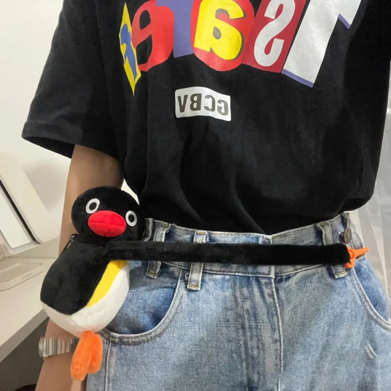 Cartoon Funny Cute Cuddle Penguin Waist Bag Plush Pingu Hangable Doll Headphone Bag Coin Purse Portable Storage Bag for Outings