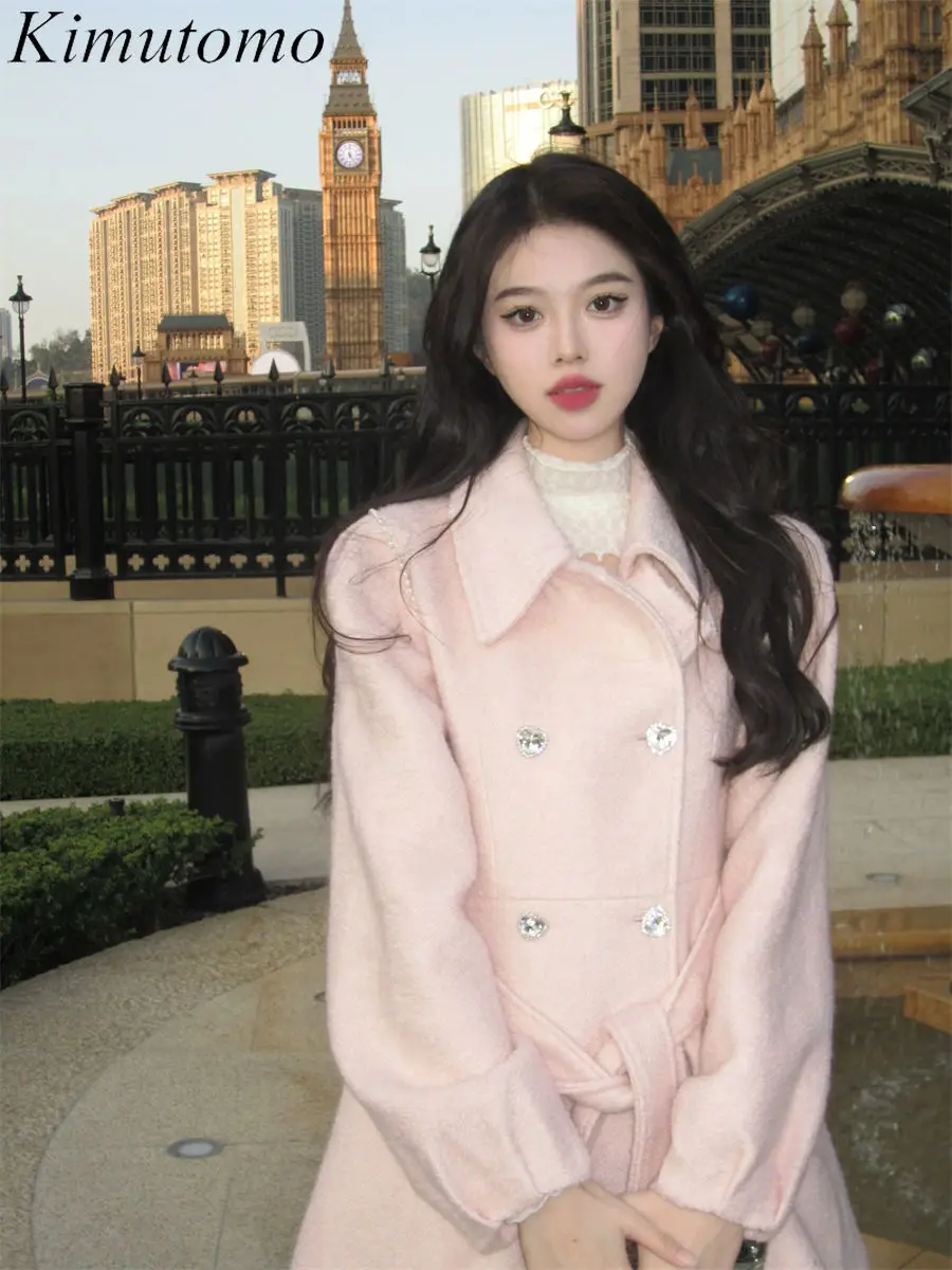 Kimutomo Heart Shape Button Wool Coat Women Lace Up Pearls Beaded Pink Jackets Hepburn Style Sweet Kawaii Winter Clothes