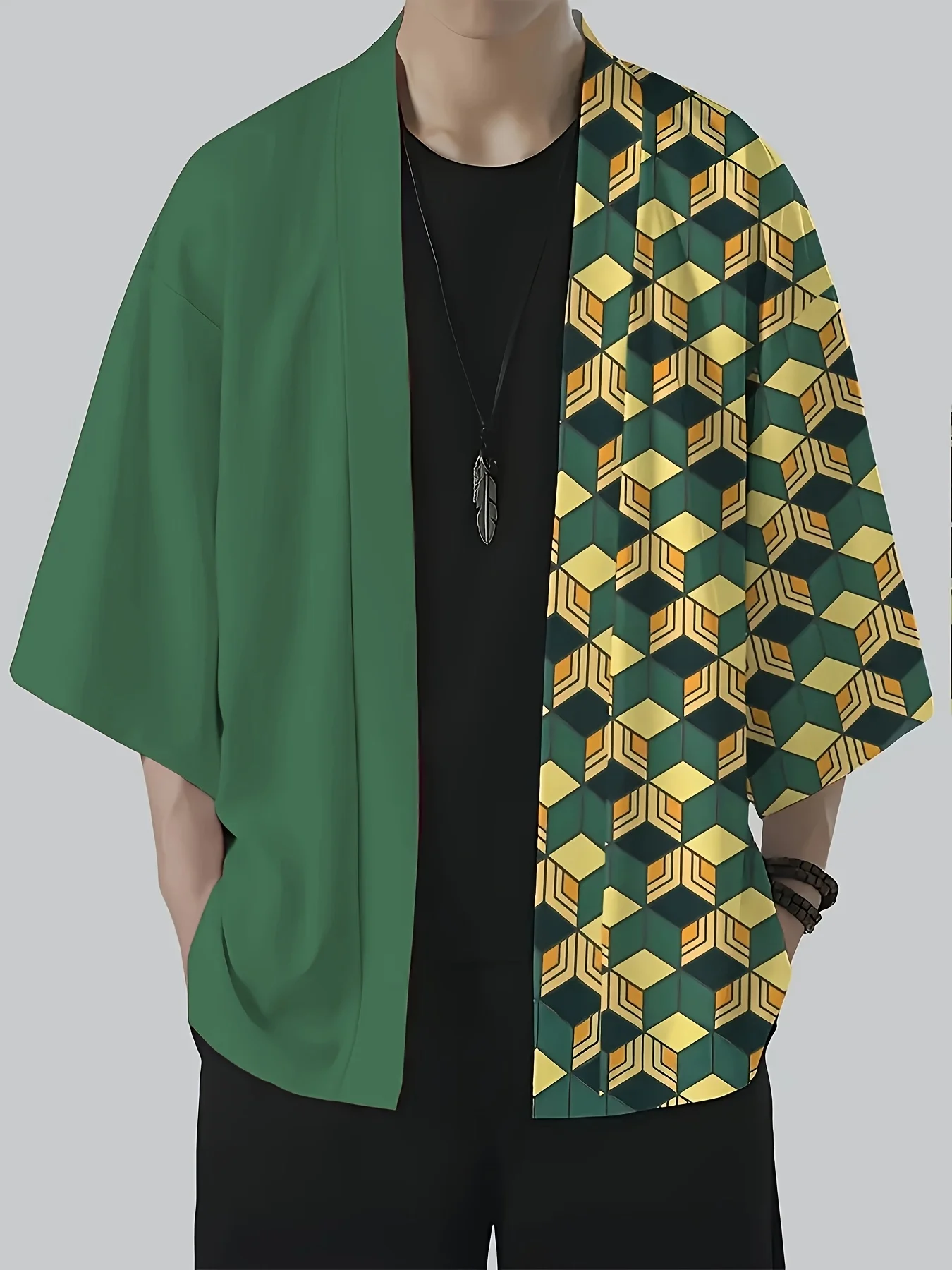 Kimono Jepang untuk Pria Jubah Cetak Karakter Anime Tradisional Yukata Pakaian Jepang Kostum Cosplay Kimono Longgar Kasual