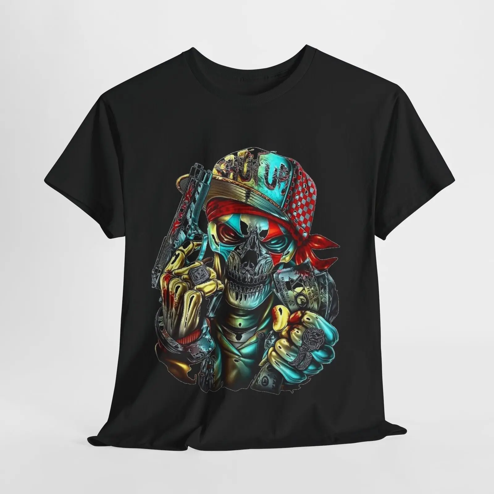 

MEN'S FUNNY T SHIRT WITH STYLIZED SKULL BANDANA AND GANGSTA GRAPHIC DESIGN