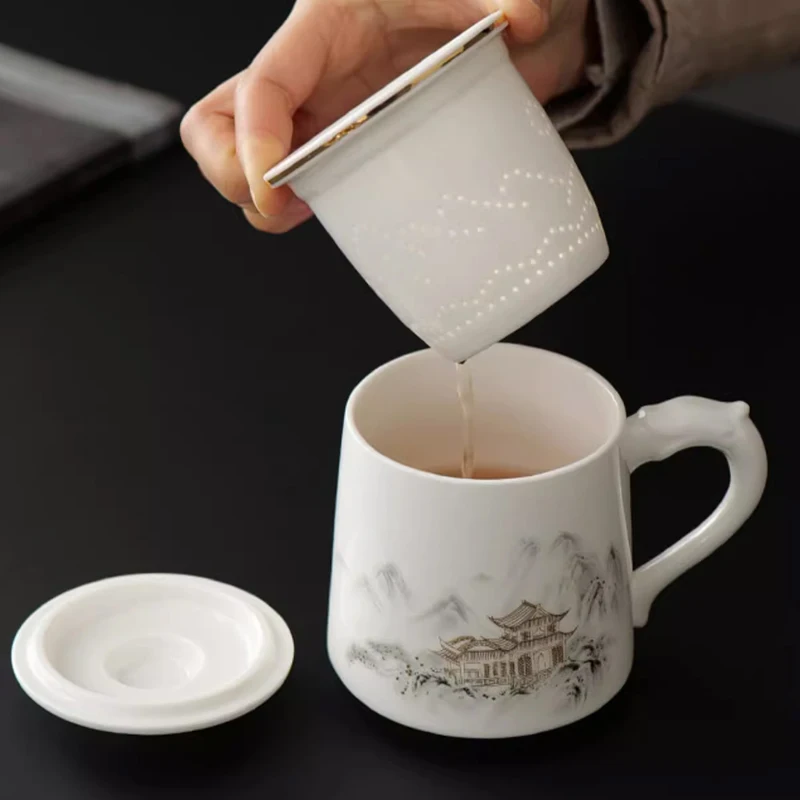 Chinese Style Pattern Tea Filtering and Separation Cup, With Cover White Porcelain Personal Mug, Home Drinkware Ceramic Cup, 1Pc