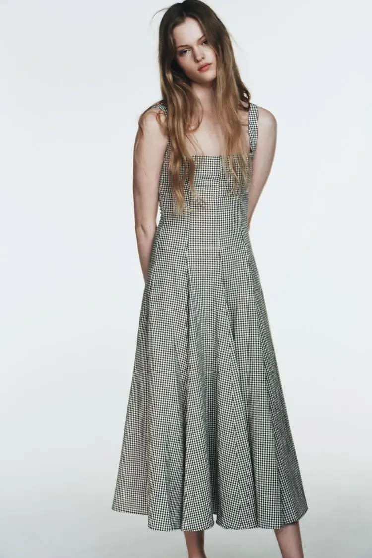 

YY0455 Spring 26 New Style Versatile Waist, Square Neck, Small Grid Pattern Midi Strap Dress 3152302