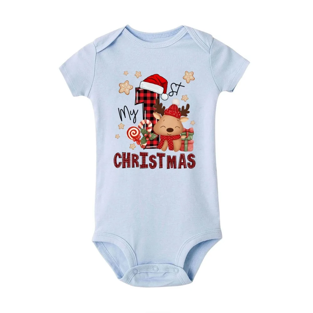 My First Christmas&deer Print Baby Romper Casual Short Sleeve Infant Bodysuit Round Neck Fashion Newborn Jumpsuit Christmas Gift