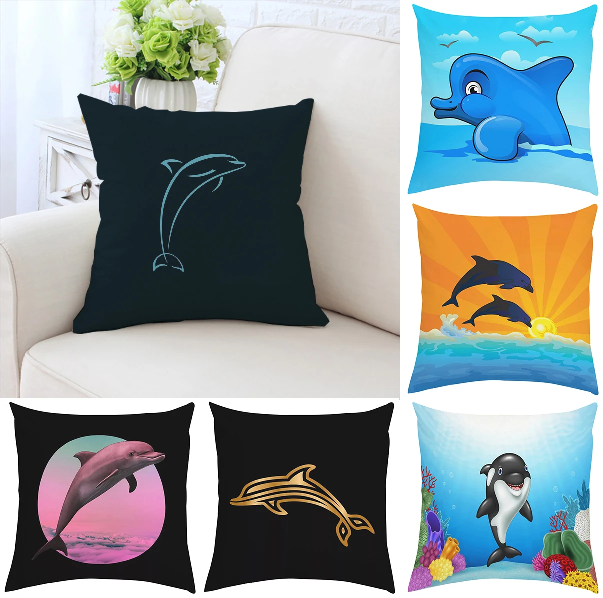 

45x45cm pillowcase cute Dolphin custom double-sided printed sofa cushion cover chair cushion children's room headboard backrest