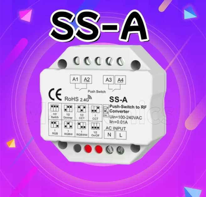

Skydance AC100-240V 2-переключатель в радиочастотный преобразователь управления SS-A 1/2-зонный радиочастотный переключатель одноцветный/двухцветный/RGB/RGBW/RGB+CCT светодиодный светильник