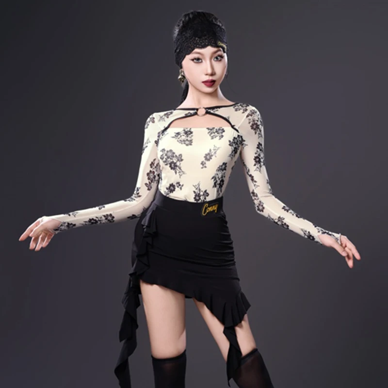 

Latin Dance Costume Women Hollow Out Bodysuit Black Skirt Rumba Samba Performance Costume Retro Adult Latin Dancewear Autumn1068