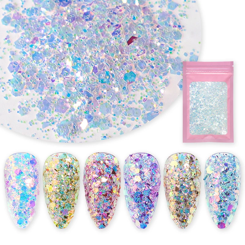 10g Shiny Mermaid Glitter Powders For Nails Sparkly Hexagon Irregular Flakes Paillette Slice Nail Art Manicure Polish Decoration