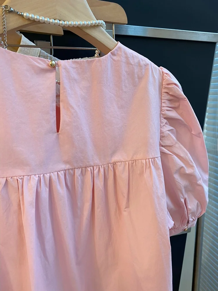 Sweet Pink Ruffle Sve irt Women's Loose Tummy Covering ort Doll Top round Ne Commute Sle Korean Version Bubble Sve