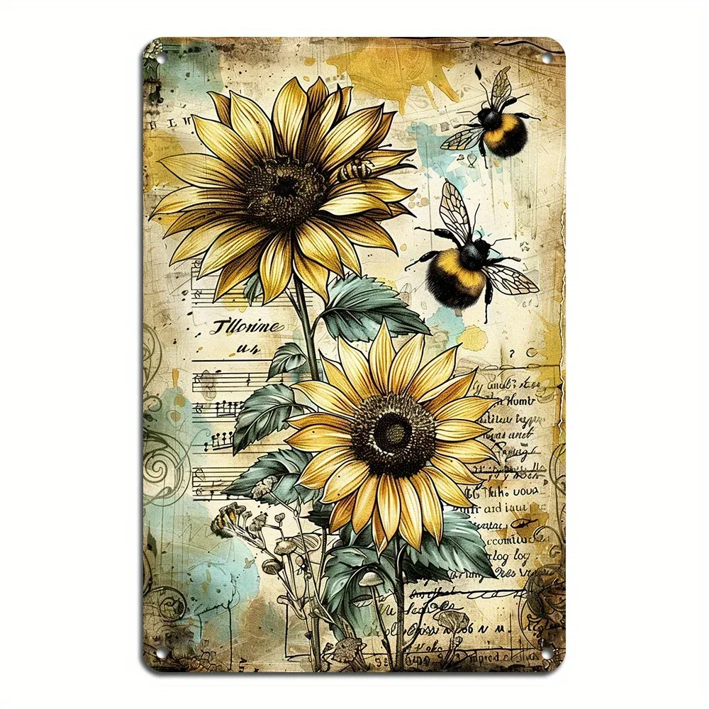 

1PC Vintage Sunflowers and Bees Metal Wall Art Size 8x12 Inches Iron Construction Rustic Indoor Outdoor Decorative Signs