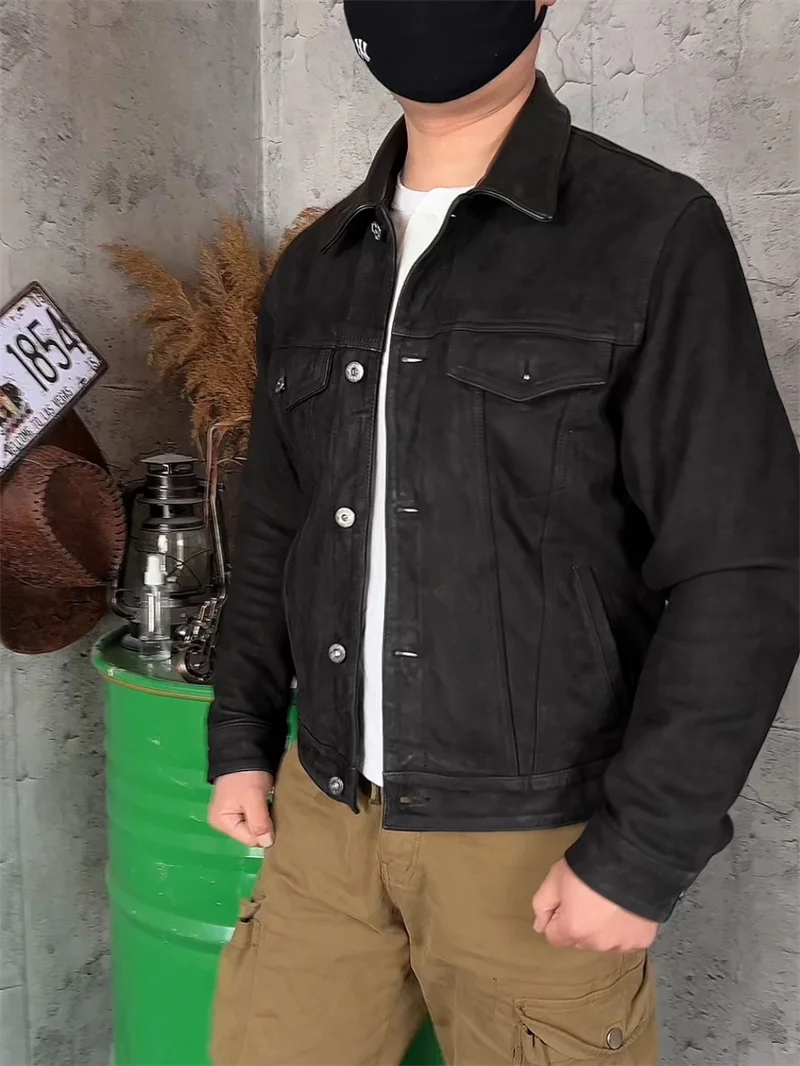 Retro Black Spring Leather Jacket Men Denim Style Plus Size 4XL Genuine Natural Sheepskin Single Breasted Leather Coat