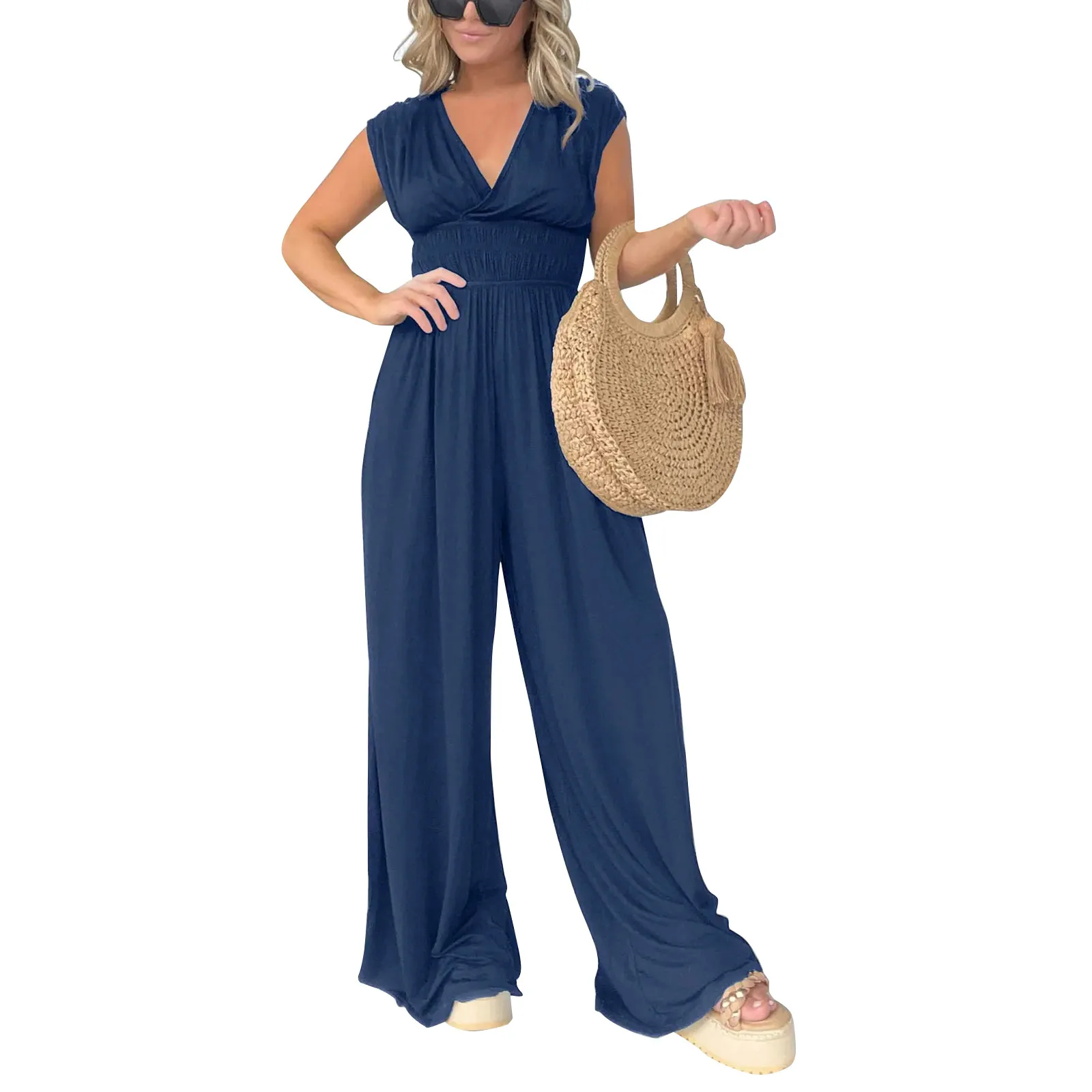 

Women'S New Jumpsuits Summer Casual V-Neck Loose High Waist Jumpsuits Leisure Vacation Solid Sleeveless Wide Leg Jumpsuits