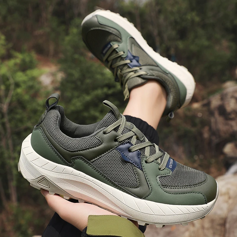 Wide Toe Men Outdoor Hiking Shoes Plus Sizes Breathable Anti Skid Trekking Sneakers Cushioning Lace Up Camping Walking Footwear