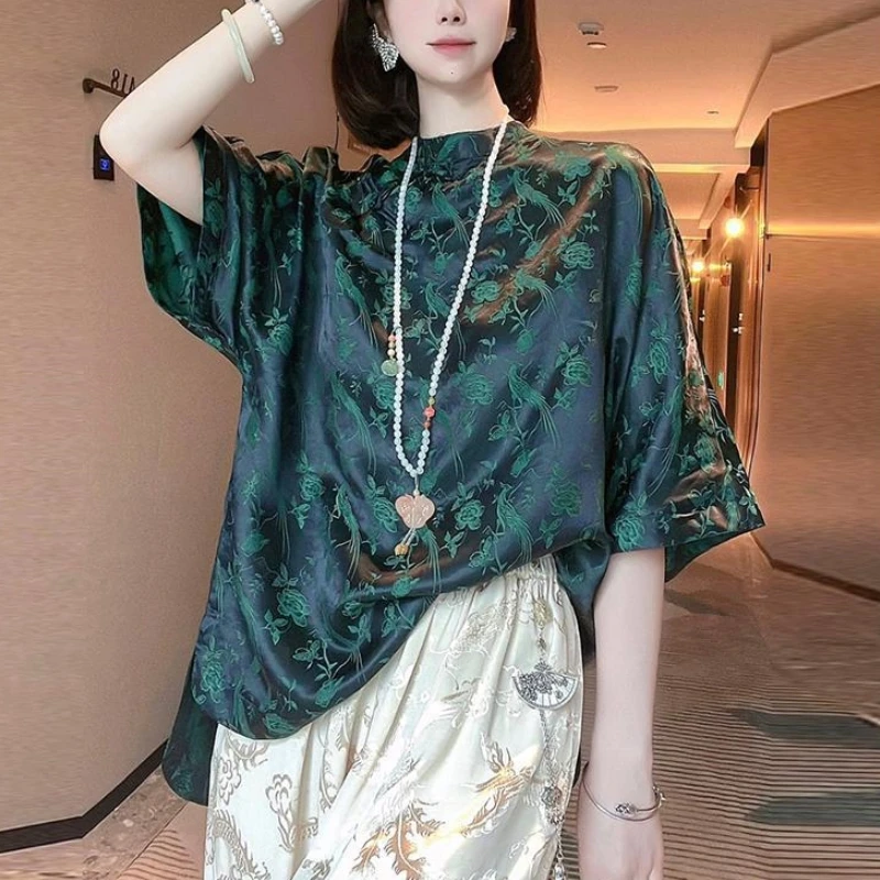 2024 New Summer Chinese Style Fashion Minimalist Mid Length Loose Bat Sleeve Standing Neck Printed Button Women\'s Shirt Top