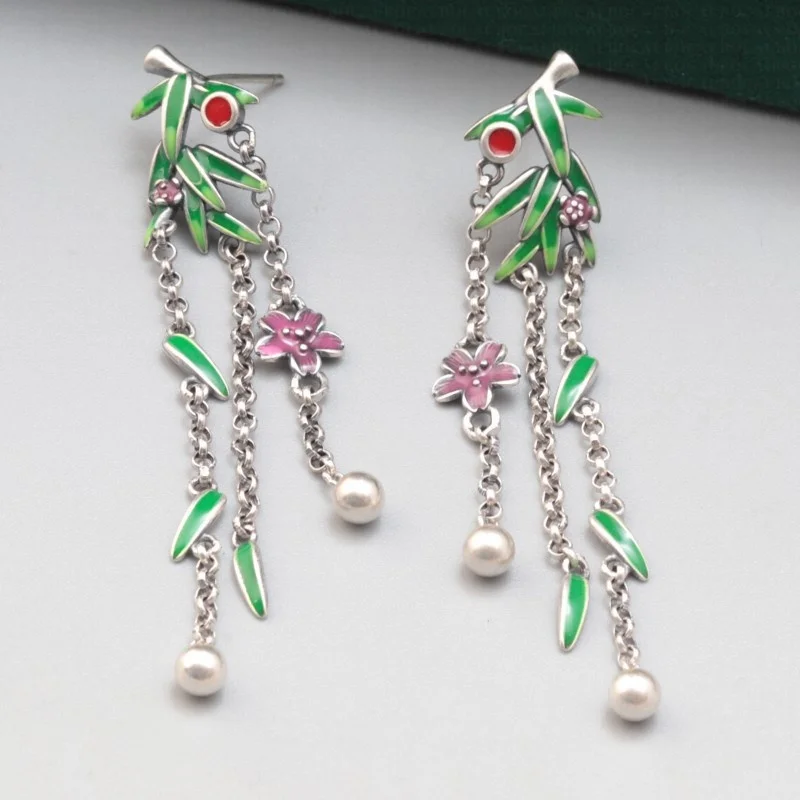 S925 Sterling Silver Charms Studs Earrings for Women Ethnic Style Cloisonne Bamboo Flowers Ear Studs Fashion Jewelry Wholesale