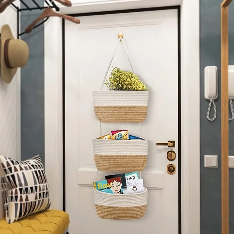 

Cotton Rope Basket Hand-woven Door Back Three Layers of Key Storage Basket Wardrobe Can Hang Socks Sundries Wall Hanging Basket