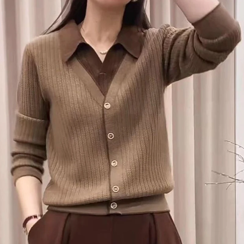 Dames Koreaanse mode elegante patchwork nep tweedelige gebreide trui herfst winter polokraag lange mouw slanke trui tops