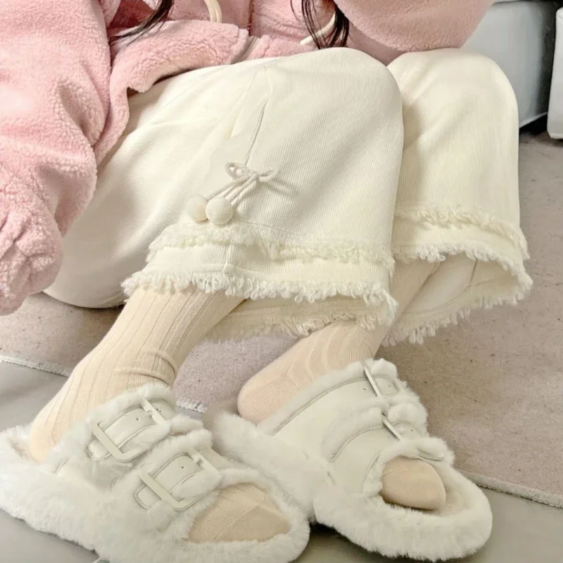 Japanese Kawaii High Waist Lolita Pants Women Sweet Hairball Tassels Wide Leg Pants Trousers Girl Autumn Loose Casual Sweatpants