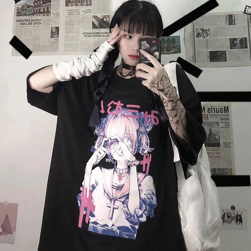 crop tops women T-shirts y2k Short Sleeve gothic Printing Tee Summer Grunge aesthetic Clothing Harajuku anime vintage OverSize