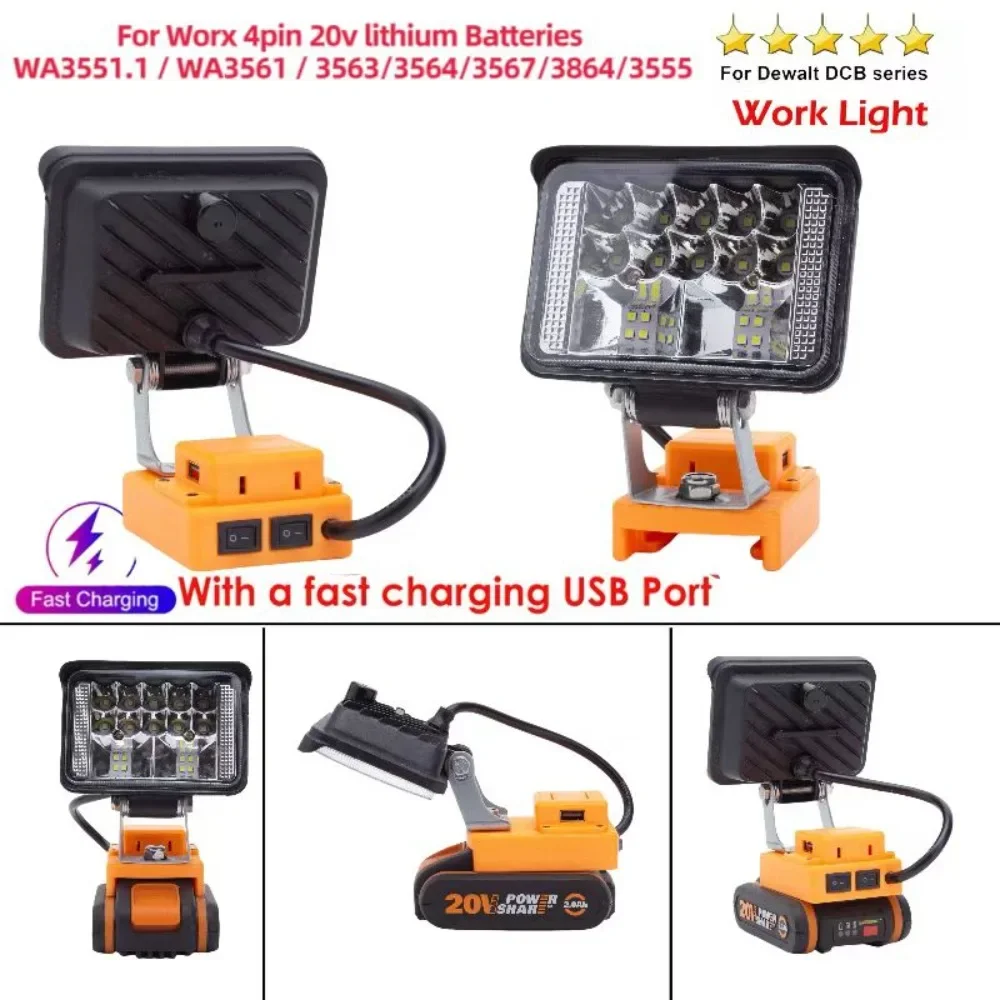 

LED Working Light Spotlight Portable Lamp Lantern w/USB C-Type for Worx 4PIN 20V Lithium Battery Lantern（Not Including Battery）