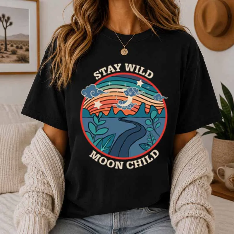 Stay Wild Moon Child Tshirt Retro Bohemian Hippie Soul Spiritual T-Shirt Women Celestial Boho Graphic Tee