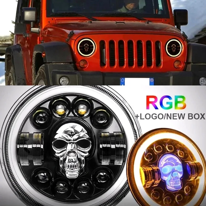 

7 Inch Round LED Headlamp Automatic Turning Changes Motorcycle skull Headlights Fit For Harley Davidson For Jeep Wrangler